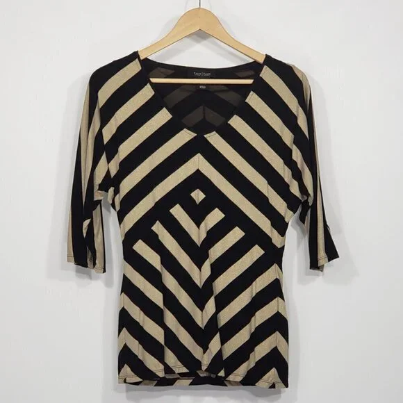 White House Black Market Black & Gold Striped V-Neck Blouse Women's Size Small - Picture 1 of 3